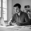 Zarek Ferndez revisando gráficos de ahorro en una mesa de trabajo luminosa de Sevilla