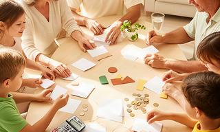 Familia organizando sus metas de ahorro en una mesa luminosa