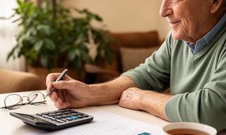 Persona jubilada consultando una tabla sencilla de ahorro en casa